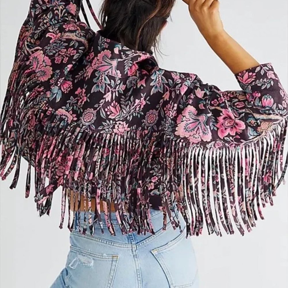 Levi's Black Floral Fringe Jean Jacket with Pink Details